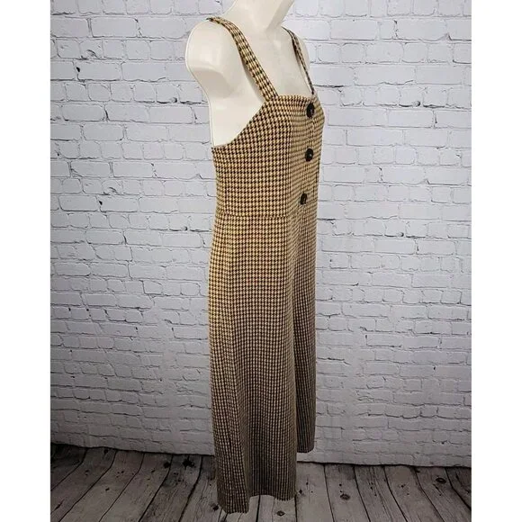 Zara Trafaluc Brown Yellow Houndstooth Square Neck Wide Leg Cropped Jumper Small - Picture 11 of 11